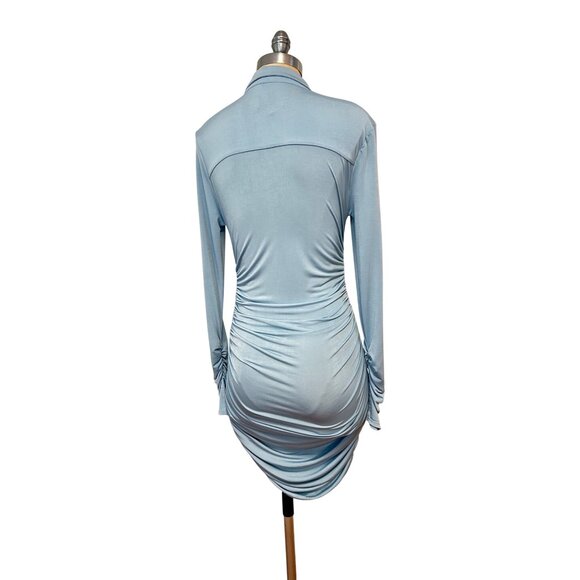 House of CB Deana powder blue jersey asymmetric mini shirt dress Small - Picture 6 of 7
